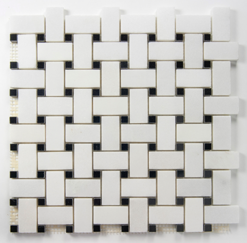 Pure White Polished marble / Black Dot basketweave