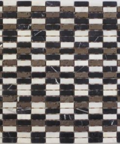 3/8 x 1 1/8 Mini Stacked Tumbled Mosaic Negro Marquina / Pure White / Bronze