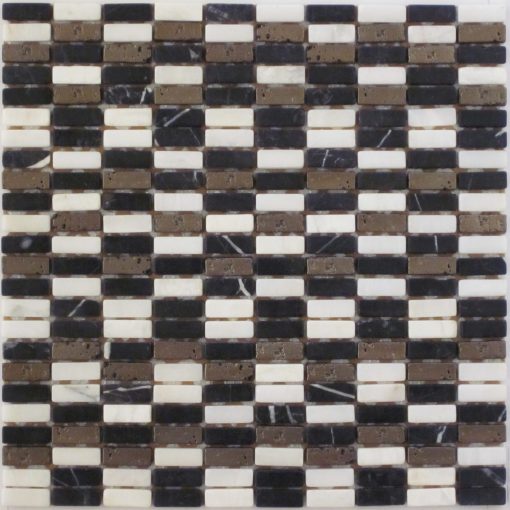 3/8 x 1 1/8 Mini Stacked Tumbled Mosaic Negro Marquina / Pure White / Bronze