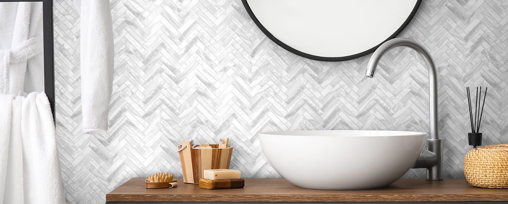 Prestige Recycled Glass Onyx White Herringbone Room